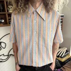 Vintage 60s 70s Sears Kings Road Dagger Collar S/S Striped Button Down ~ Size M